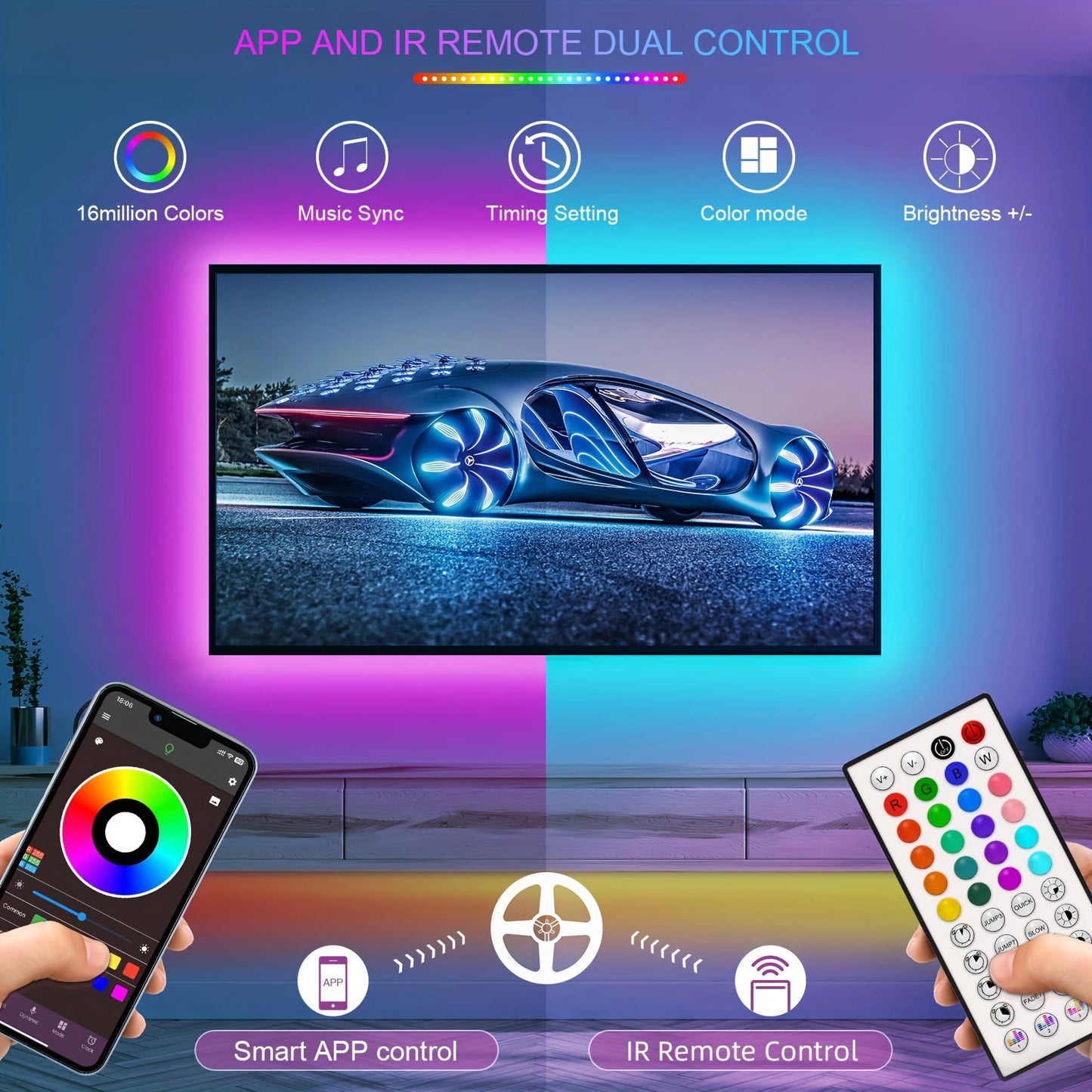 5M RGB LED Strip Lights for Bedroom & Gaming Setup - Remote Control